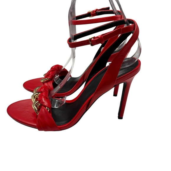 Zara red leather ankle strap gold chain link heels size 38 blogger favorite - Picture 4 of 8